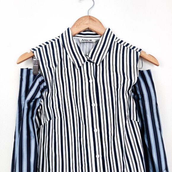 Amur Jane Button Down Blouse in Striped White Navy Small - Picture 3 of 7